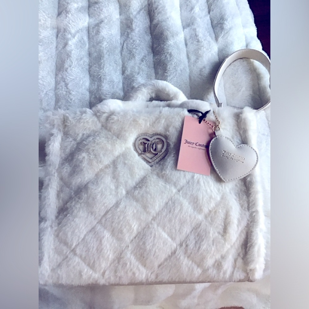 Juicy Couture White Fluffy Faux Fur Let’s Get Cozy Tote Bag New with Tag